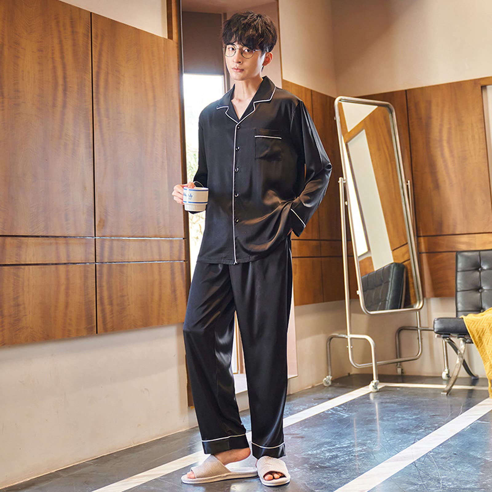 【シャツのみ】L 黒 Supreme Satin Pajama Set Mens Silk Satin Pajamas Set Pyjamas Set PJS Sleepwear Set
